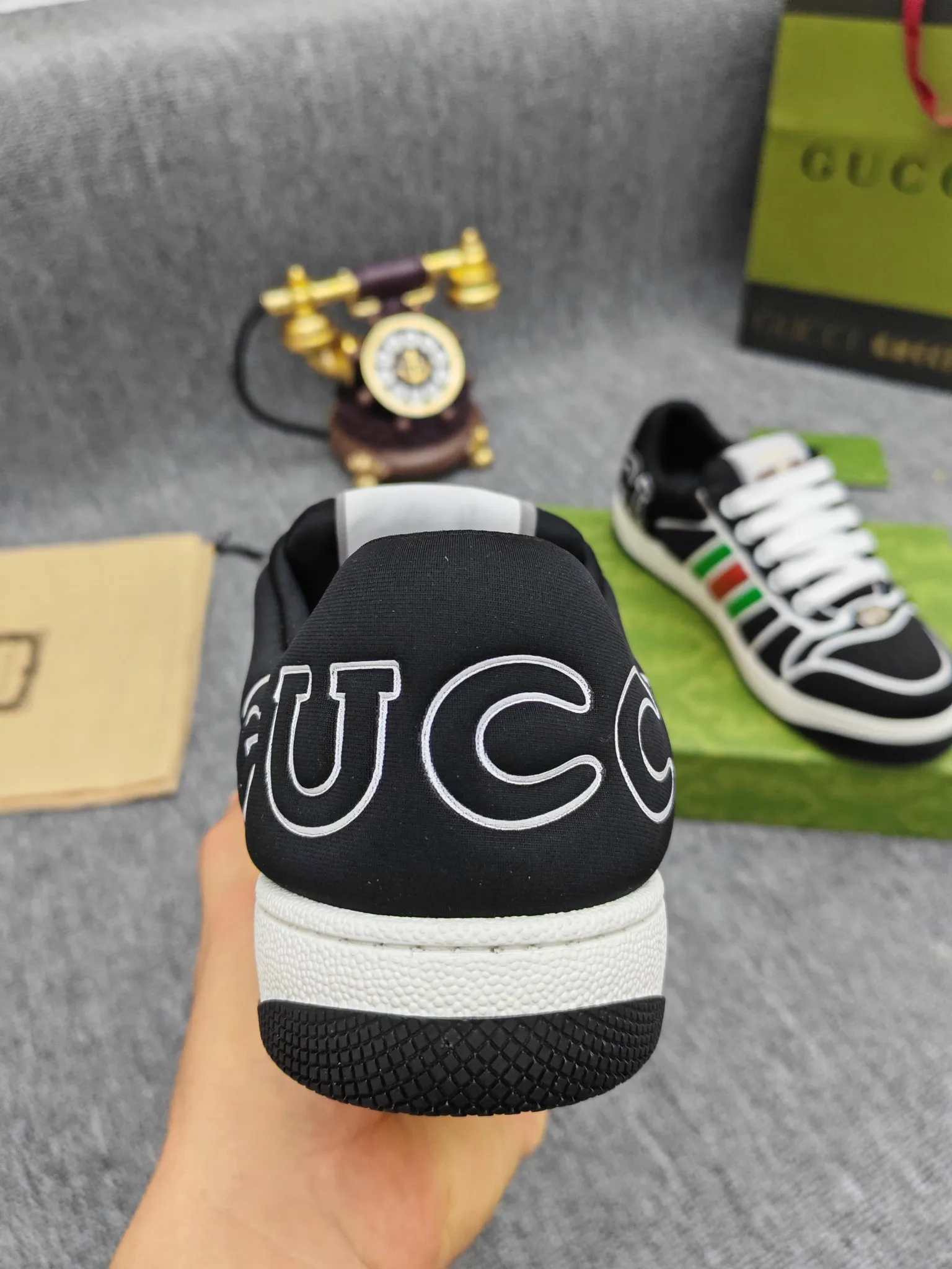 Factory price 600💰Screener series embellished web sneakers. This item is from the Gucci Lido series. Its design is inspired by the summer style and beach clubs of the Italian coast. The Screener series of sneakers draws inspiration from classic sneakers from the 1970s and takes its name from a special defensive move in sports. This shoe from the 2024 Pre-Fall collection is crafted from yellow rubber, a technical and malleable opaque material, with striped webbing on the sides and an embossed Gucci printed logo on the heel. Yellow rubber, opaque and technological in appearance. Red and green webbing decorated with metal Double G oval enamel details. Gucci printed embossed logo. Women 35-40, men 38-45, (men 38 and 45 need to be customized)